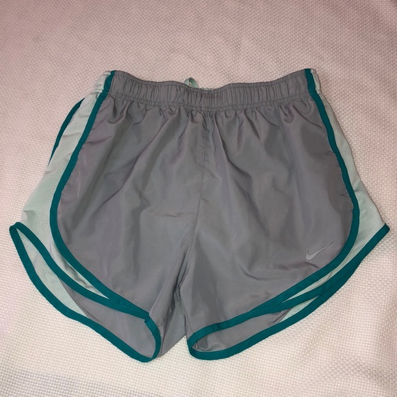 Nike dri fit small athletic shorts gray with teal stripes, built in panty - Picture 1 of 8